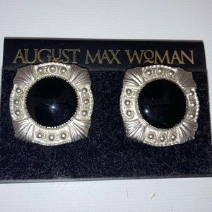 Vintage, silver tone and enamel square clip on earrings with filigree